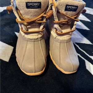 Sperry Duck Boots in Gray and Tan with coral bottom